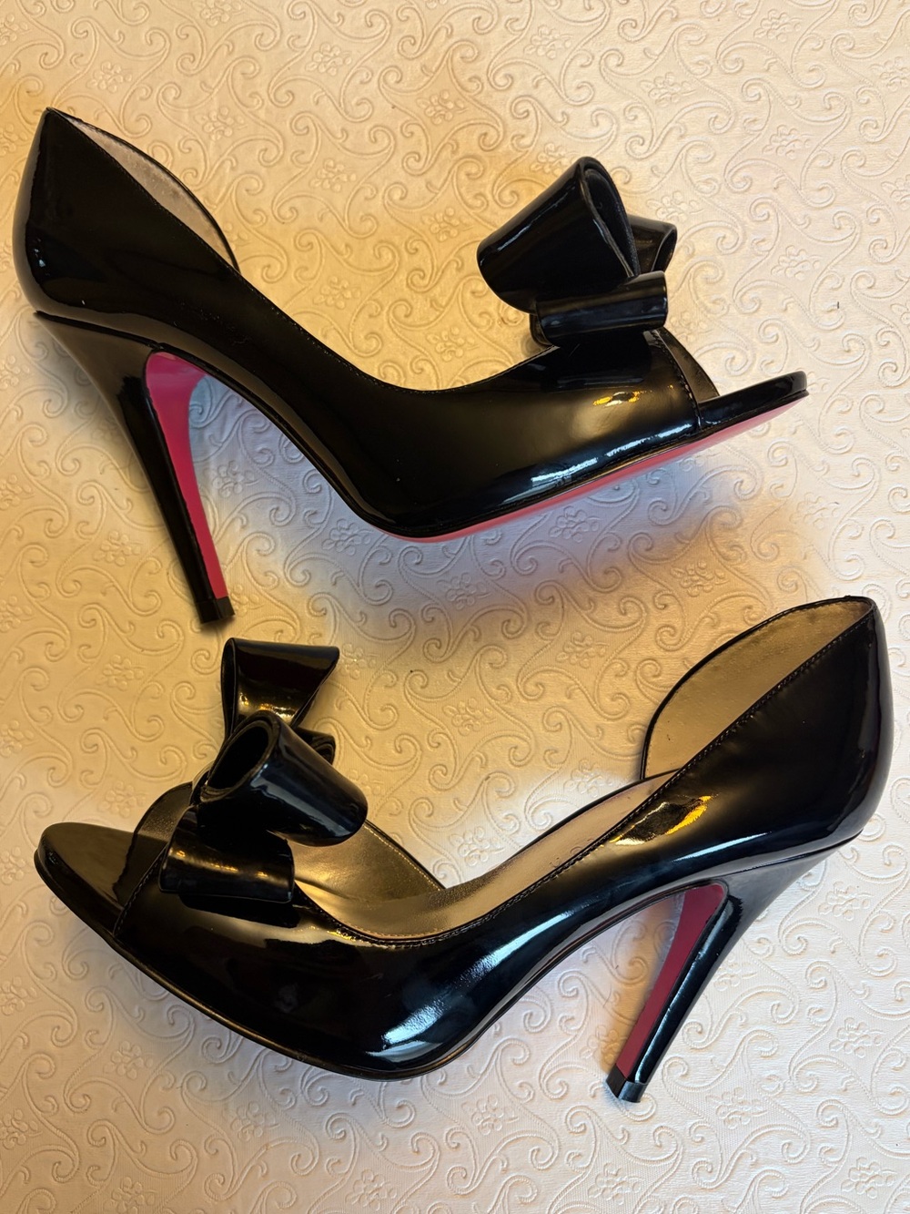 Paris Hilton Senorita Women’s Black Patent Peep-Toe Bow Heels